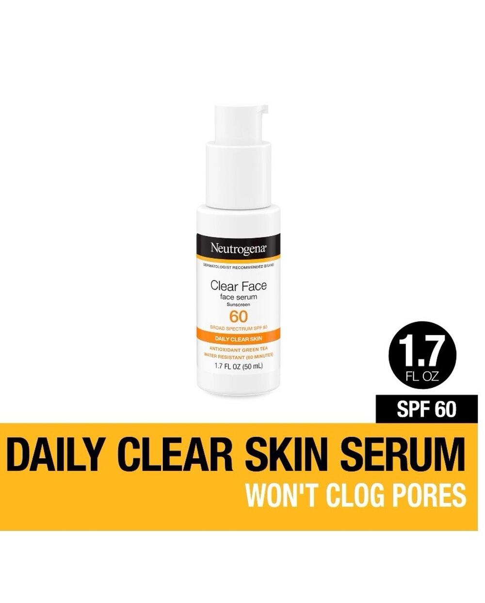 Neutrogena Clear Face Serum Sunscreen 60, Daily Clear Skin, SPF 60, 1.7 fl oz